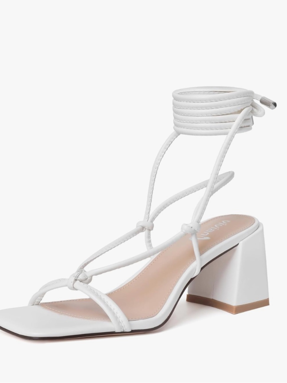 White Strappy Block Heel Sandals with Ankle Wrap Size: 8